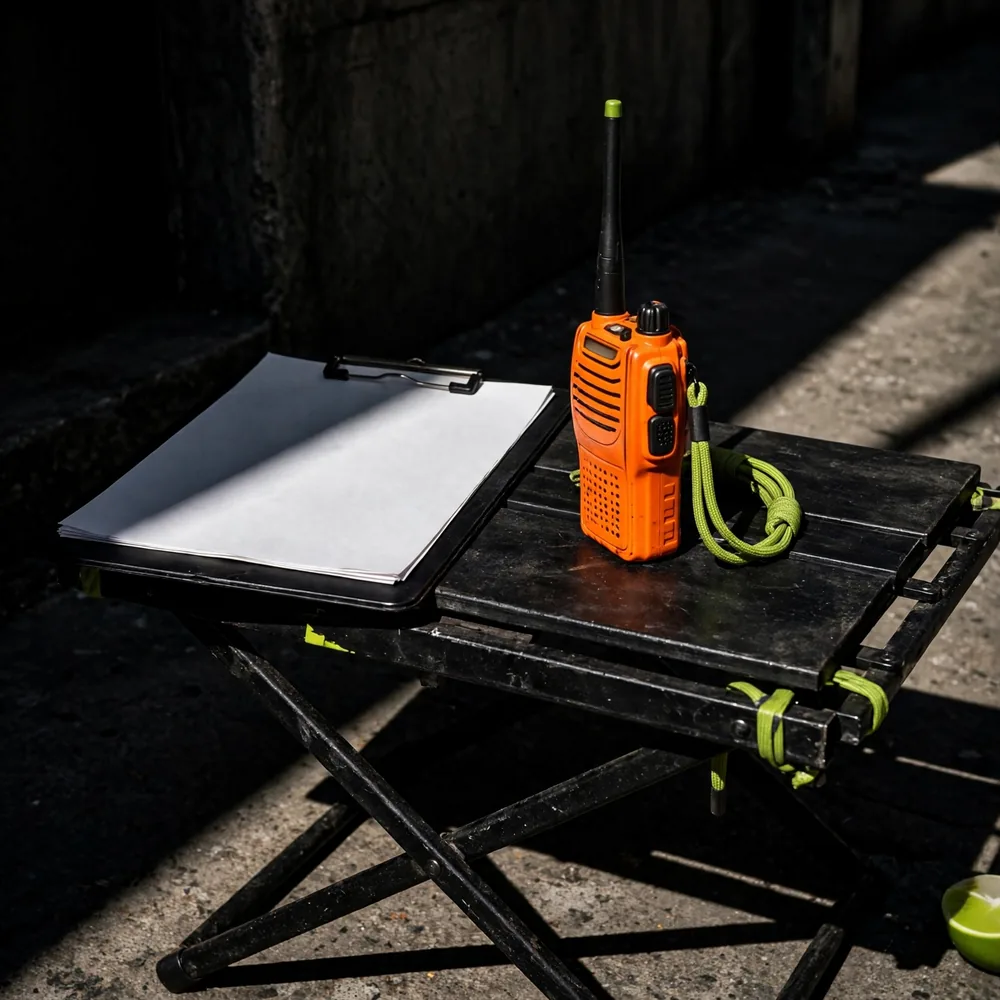 A clipboard and a walkie-talkie