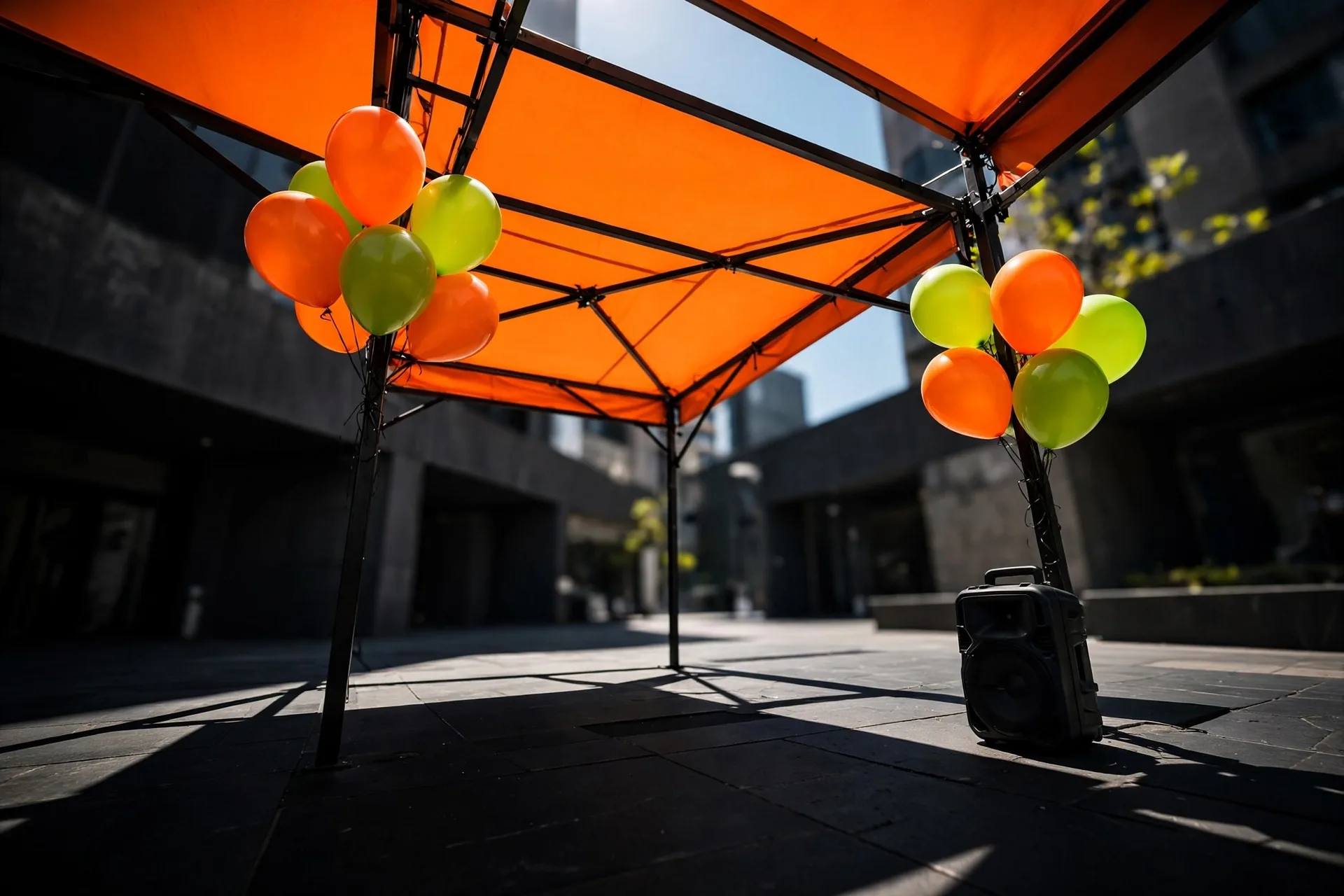 A stand on a sunny plaza